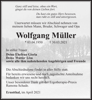 Traueranzeige von Wolfgang Müller von Südthüringer Presse