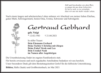 Traueranzeige von Gertraud Gebhard von Südthüringer Presse