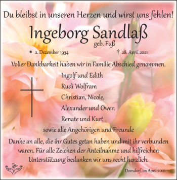 Traueranzeige von Ingeborg Sandlaß von Südthüringer Presse