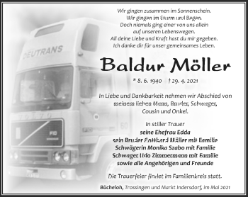 Traueranzeige von Baldur Möller von Südthüringer Presse