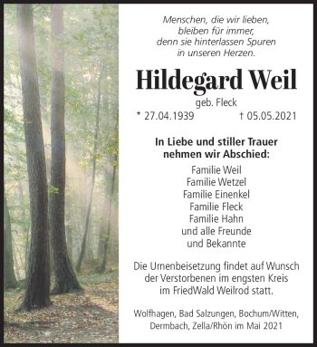 Traueranzeige von Hildegard Weil von Südthüringer Presse