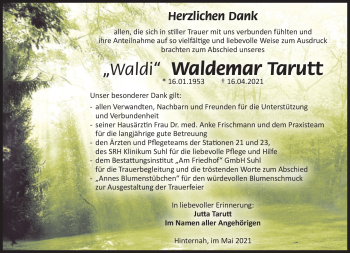 Traueranzeige von Waldemar Tarutt von Südthüringer Presse