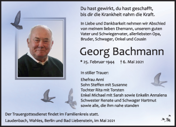 Traueranzeige von Georg Bachmann von Südthüringer Presse