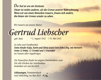 Traueranzeige von Gertrud Liebscher von Südthüringer Presse