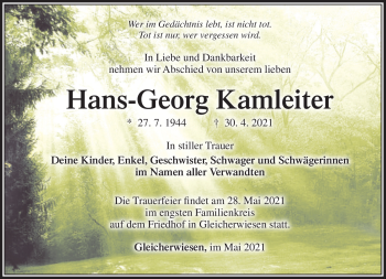 Traueranzeige von Hans-Georg Kamleiter von Südthüringer Presse