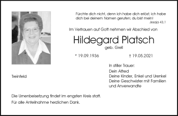 Traueranzeige von HIldegard Platsch von Neue Presse Coburg