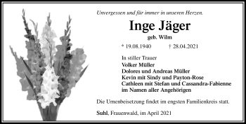 Traueranzeige von Inge Jäger von Südthüringer Presse