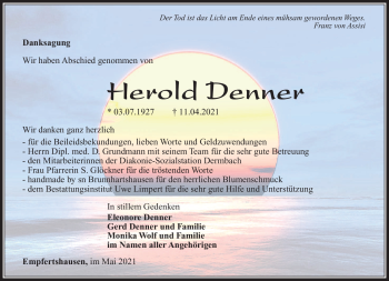 Traueranzeige von Herold Denner von Südthüringer Presse