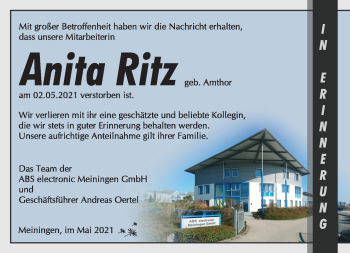 Traueranzeige von Anita Ritz von Südthüringer Presse