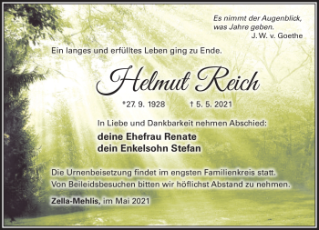 Traueranzeige von helmut Reich von Südthüringer Presse