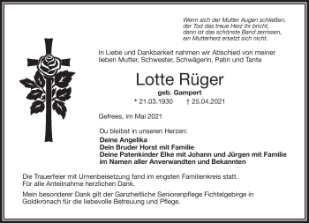 Traueranzeige von Lotte Rüger von Frankenpost