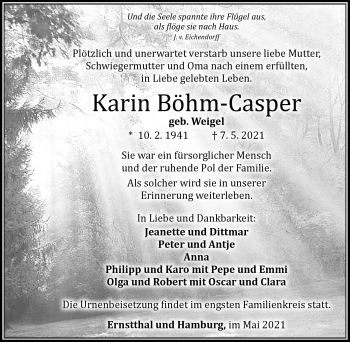 Traueranzeige von Karin Böhm-Casper von Südthüringer Presse