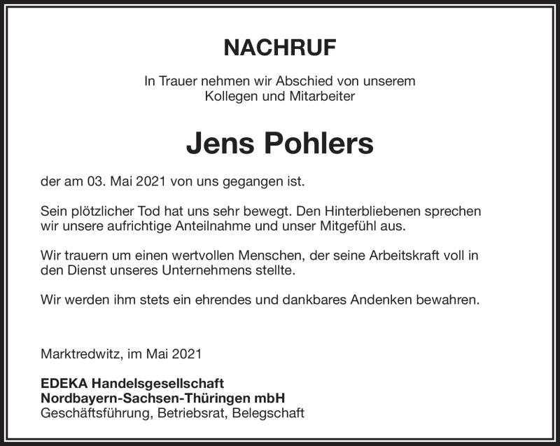  Traueranzeige für Jens Pohlers vom 08.05.2021 aus Frankenpost