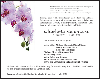 Traueranzeige von Charlotte Reich von Südthüringer Presse