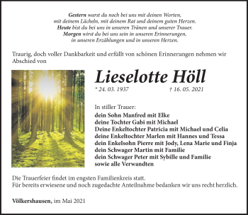 Traueranzeige von Lieselotte Höll von Südthüringer Presse