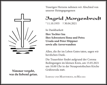 Traueranzeige von Ingrid Morgenbrodt von Südthüringer Presse
