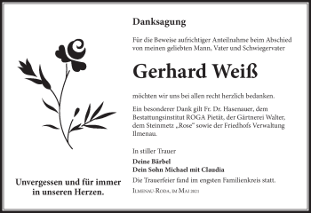 Traueranzeige von Gerhard Weiß von Südthüringer Presse