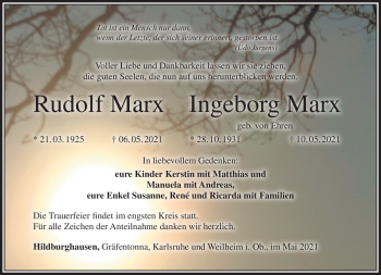 Traueranzeige von IngeborgRudolf MarxMarx von Südthüringer Presse