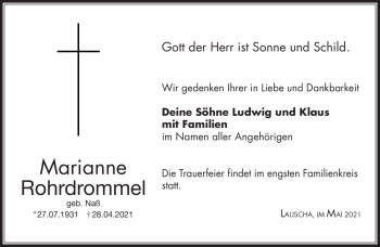 Traueranzeige von Marianne Rohrdrommel von Südthüringer Presse