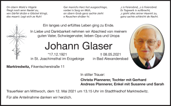 Traueranzeige von Johann Glaser von Frankenpost