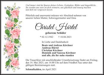 Traueranzeige von Christel Härtel von Südthüringer Presse