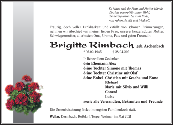 Traueranzeige von Brigitte Rimbach von Südthüringer Presse