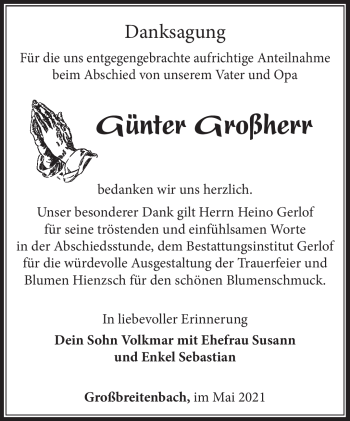 Traueranzeige von Günter Großherr von Südthüringer Presse