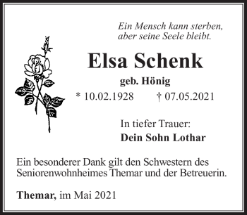Traueranzeige von Elsa Schenk von Südthüringer Presse
