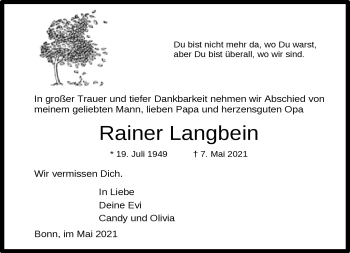 Traueranzeige von Rainer Langbein von Südthüringer Presse