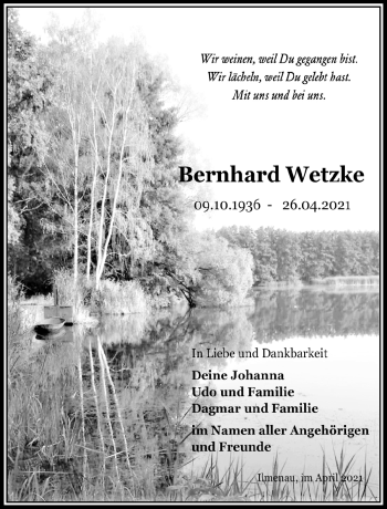 Traueranzeige von Bernhard Wetzke von Südthüringer Presse