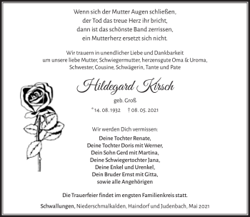 Traueranzeige von Hildegard Kirsch von Südthüringer Presse