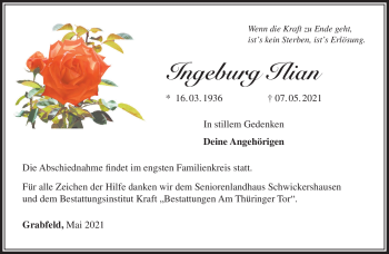 Traueranzeige von Ingeburg Ilian von Südthüringer Presse