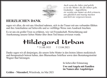 Traueranzeige von Hildegard Urban von Südthüringer Presse