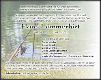 Traueranzeige von Hans Lämmerhirt von Südthüringer Presse