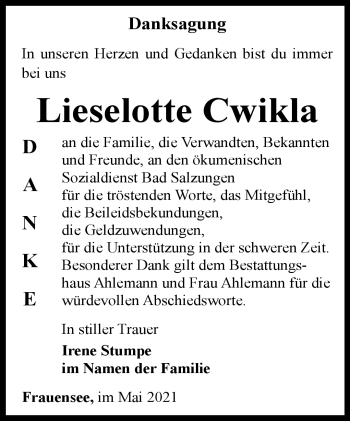 Traueranzeige von Lieselotte Cwikla von Südthüringer Presse