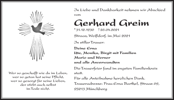 Traueranzeige von Gerhard Greim von Frankenpost