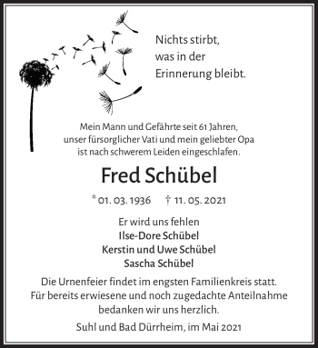 Traueranzeige von Fred Schübel von Südthüringer Presse