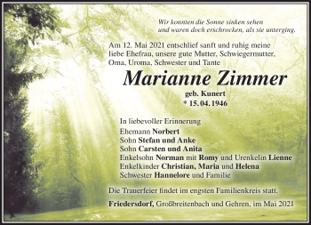 Traueranzeige von Marianne Zimmermann von Südthüringer Presse