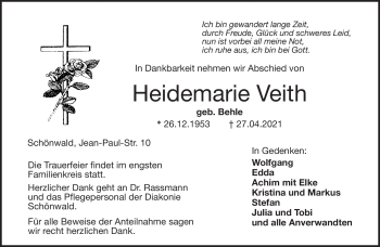 Traueranzeige von Heidemarie Veith von Frankenpost