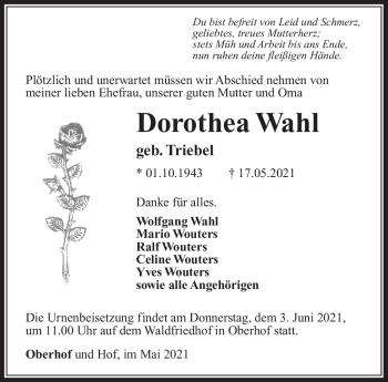 Traueranzeige von Dorothea Wahl von Südthüringer Presse