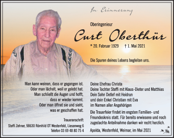 Traueranzeige von Curt Oberthür von Südthüringer Presse