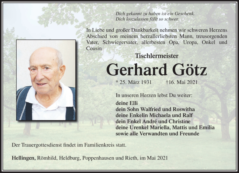  Traueranzeige für Gerhard Götz vom 22.05.2021 aus Südthüringer Presse
