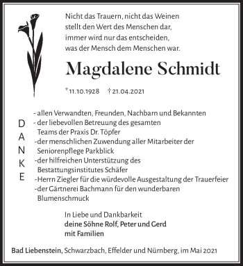 Traueranzeige von Magdalene Schmidt von Südthüringer Presse