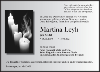 Traueranzeige von Martina Leyh von Südthüringer Presse
