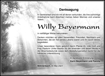 Traueranzeige von Willy Beyermann von Südthüringer Presse