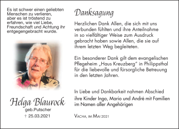 Traueranzeige von Helga Blaurock von Südthüringer Presse