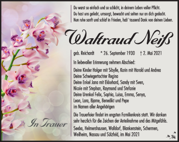 Traueranzeige von Waltraud Neiß von Südthüringer Presse