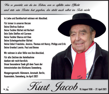Traueranzeige von Kurt Jacob von Südthüringer Presse