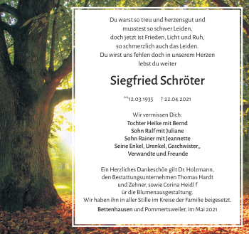 Traueranzeige von Siegfried Schröter von Südthüringer Presse