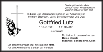 Traueranzeige von Gottfried Lutz von Frankenpost
